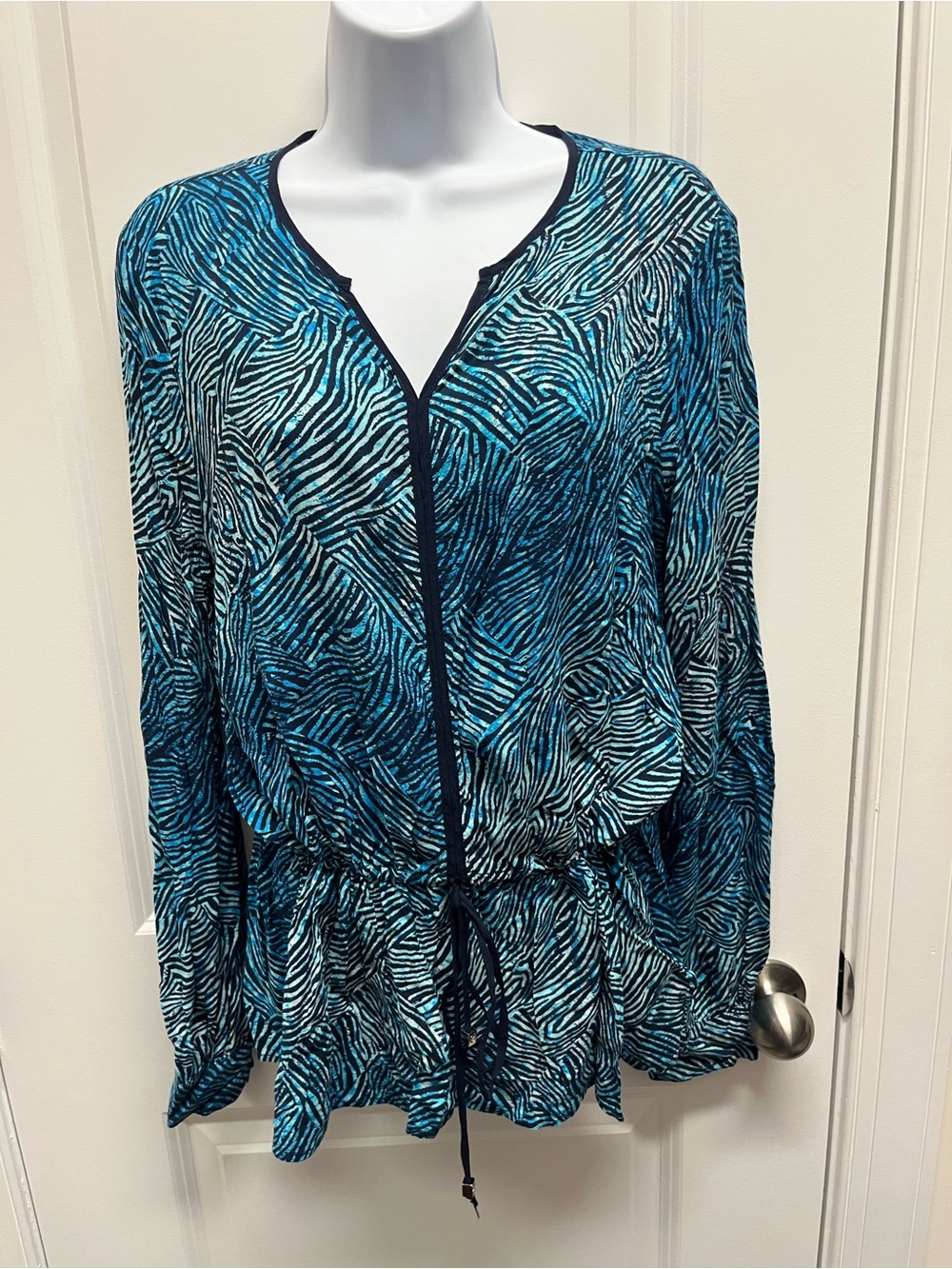 MICHAEL Michael Kors Blue Zebra Abstract Cinch Waist Tunic Top Size 12